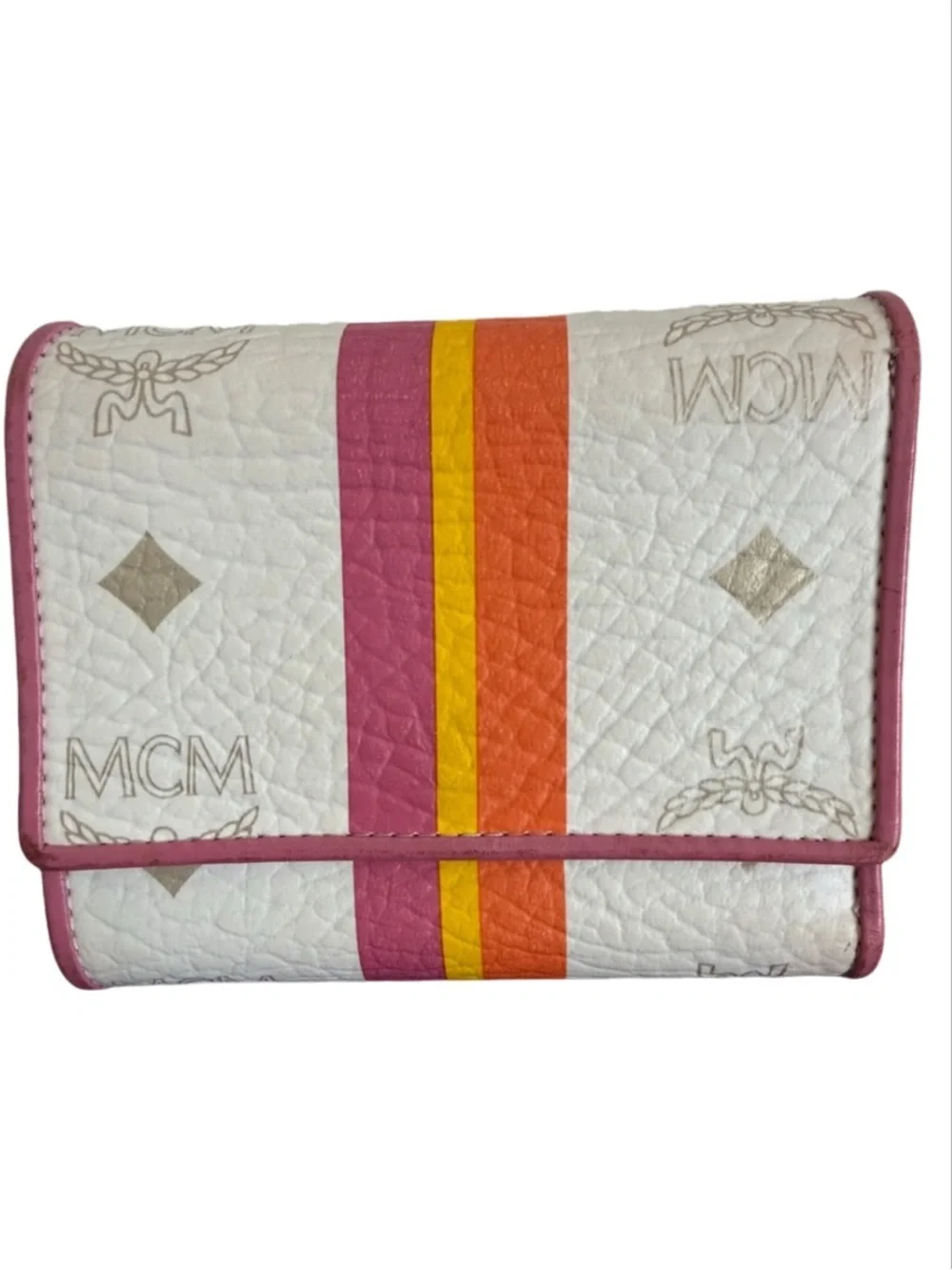 MCM White Leather Trifold Wallet with Pink, Orange & Yellow Stripes